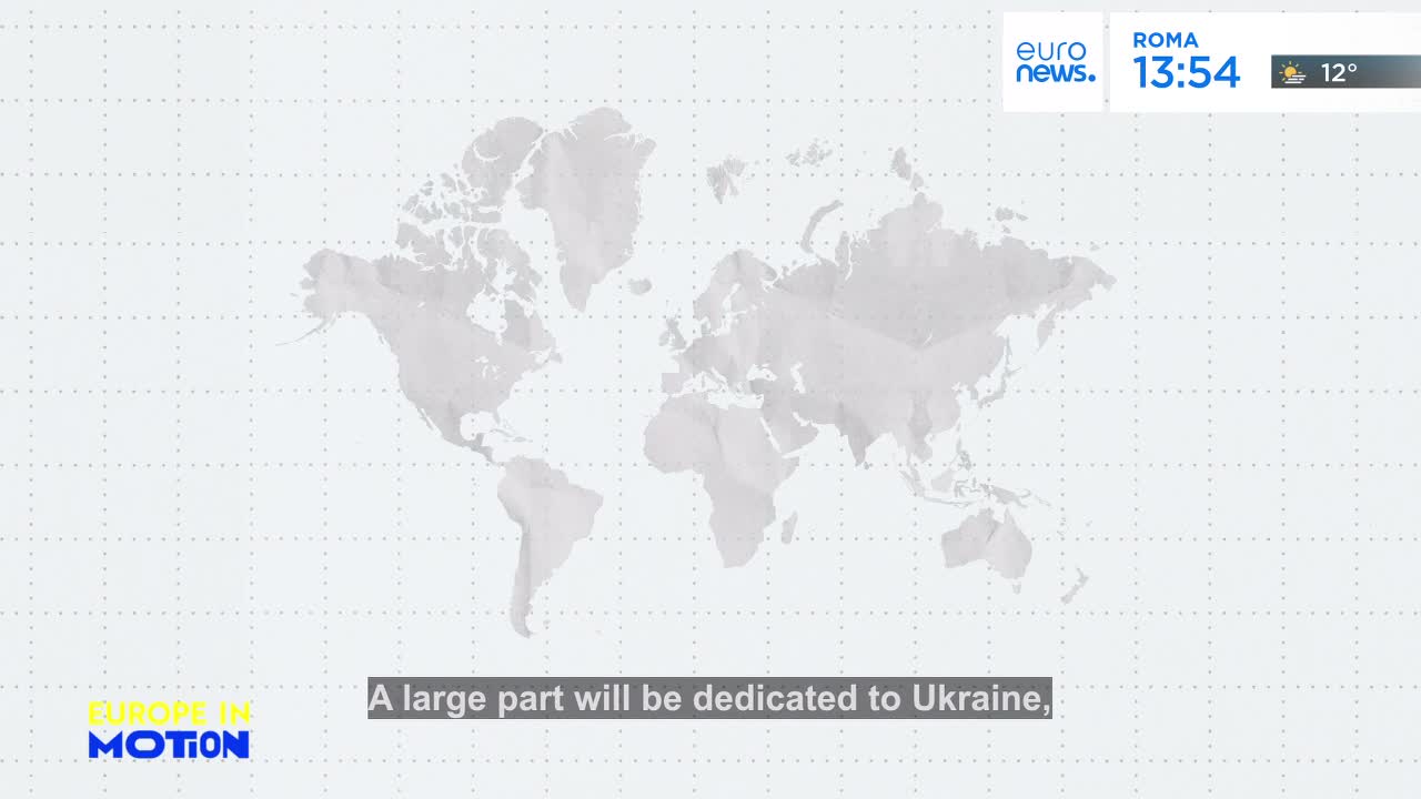 A faint world map stretches across the screen, its continents outlined in pale grey. A subtitle appears at the bottom, stating, "A large part will be dedicated to Ukraine."
