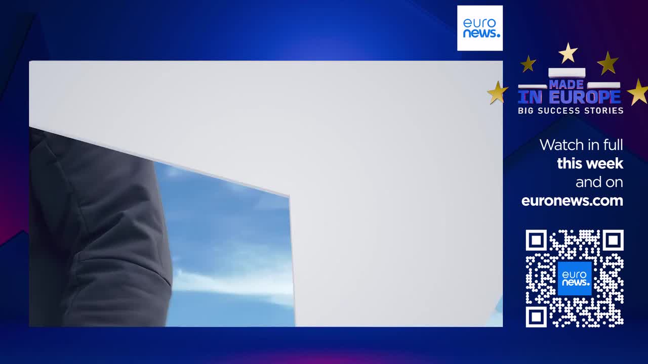 A man in a dark jacket stands against a bright blue sky. The Euronews logo is visible in the corner, with text promoting "Made in Europe" success stories.