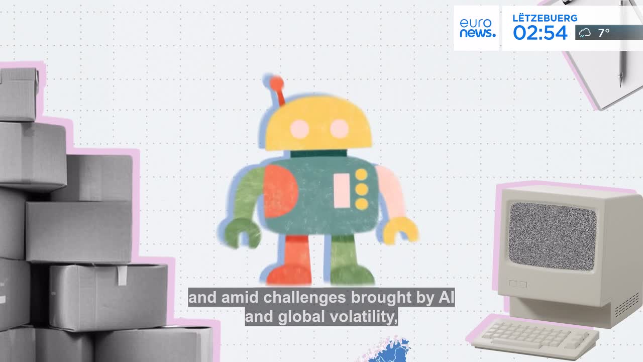 A colorful, cartoonish robot stands center, its arms outstretched. To its left, a stack of gray cardboard boxes rises, and to its right, an old-fashioned computer monitor and keyboard sit on a surface.
