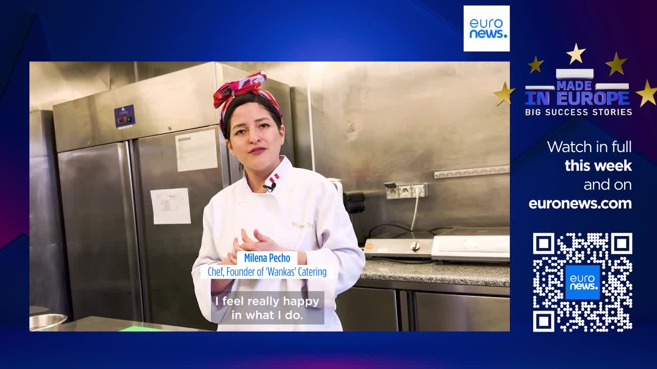 A chef, Milena Pecho, founder of Wankas' Catering, speaks directly to the camera in a professional kitchen. She's sharing her thoughts on her work, as part of a "Made in Europe" feature on Euronews.