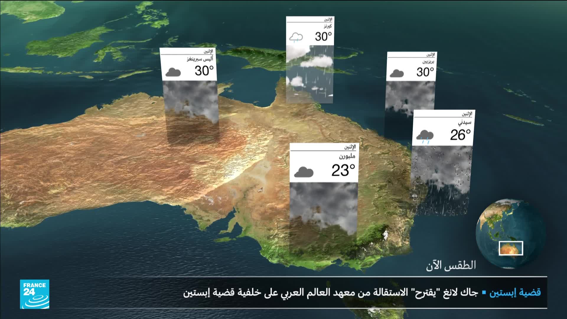 Over Australia, weather forecasts hover, showing clouds and rain with temperatures in the twenties and thirties. A small globe in the corner highlights the continent.