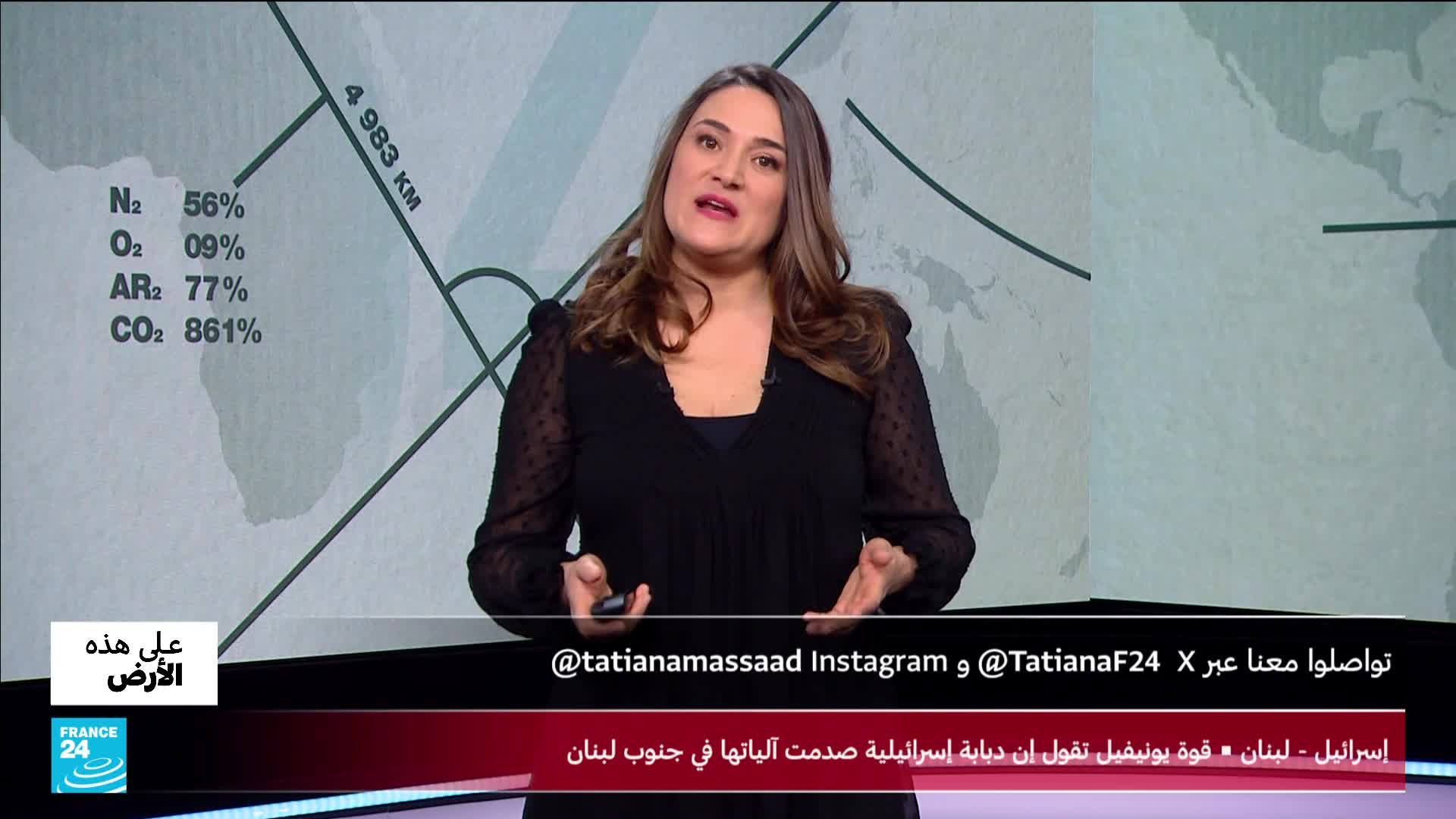 A woman in a black dress gestures with her hands while speaking. Behind her, a map of the world is overlaid with lines and percentages.