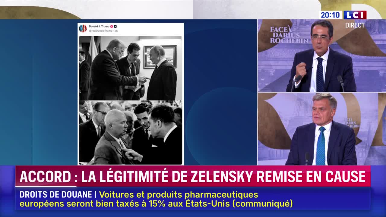 On LCI, two men in suits are discussing something, while a split-screen shows a tweet with a black-and-white photo of men in suits, and a headline about Zelensky. The bottom banner states that European cars and pharmaceutical products will be taxed 15% in the US.
