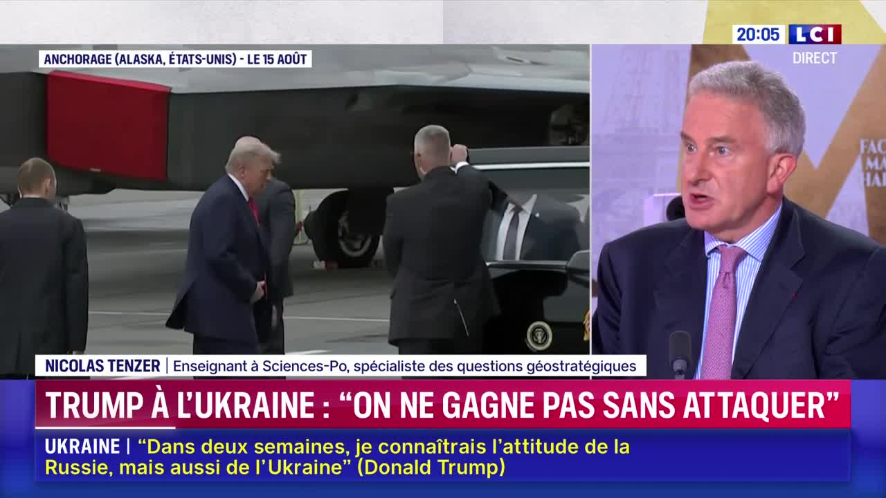 A man in a dark suit, presumably Donald Trump, walks toward a black car near an aircraft. Across the screen, an LCI news anchor speaks, while a graphic displays the headline "Trump to Ukraine: 'You don't win without attacking.'"
