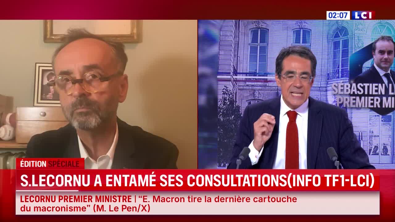 On the LCI screen, two men are visible: one in a suit, gesturing emphatically, and the other in a blazer, listening intently. The lower third of the screen displays headlines about consultations.
