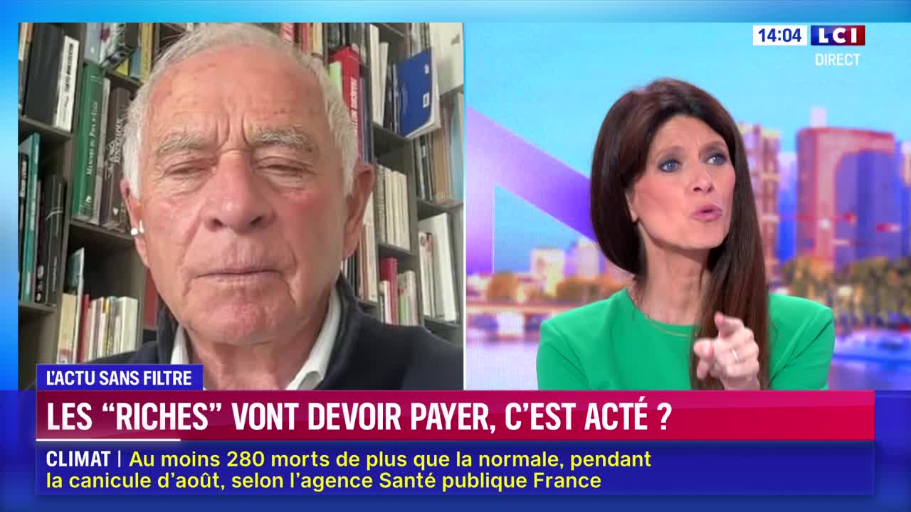 An older man, framed against a bookshelf, is on screen, while a woman in a green top gestures emphatically on the right. The LCI logo and a headline about the wealthy paying are displayed at the bottom of the screen.
