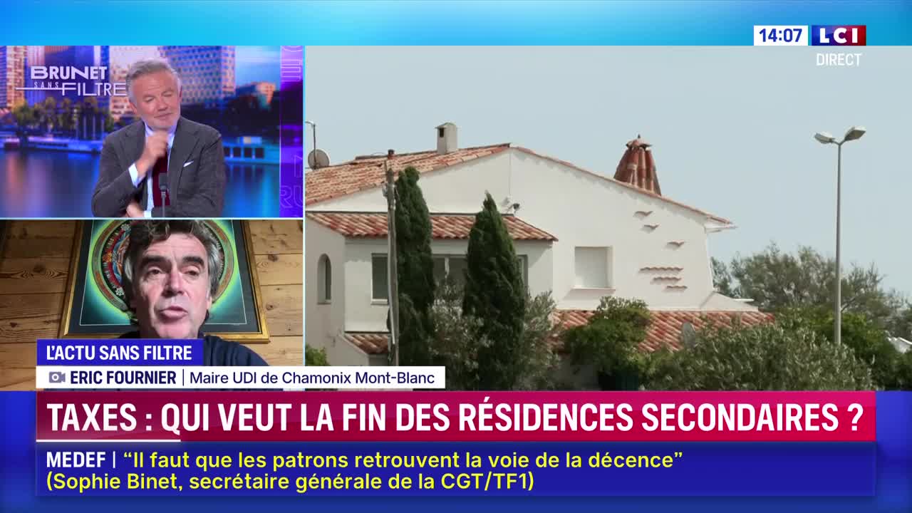 On a French news channel, LCI, a panel discussion is underway, with two men in boxes and a shot of a white house with a red-tiled roof. The topic is secondary residences and taxes, as indicated by the graphic at the bottom of the screen.
