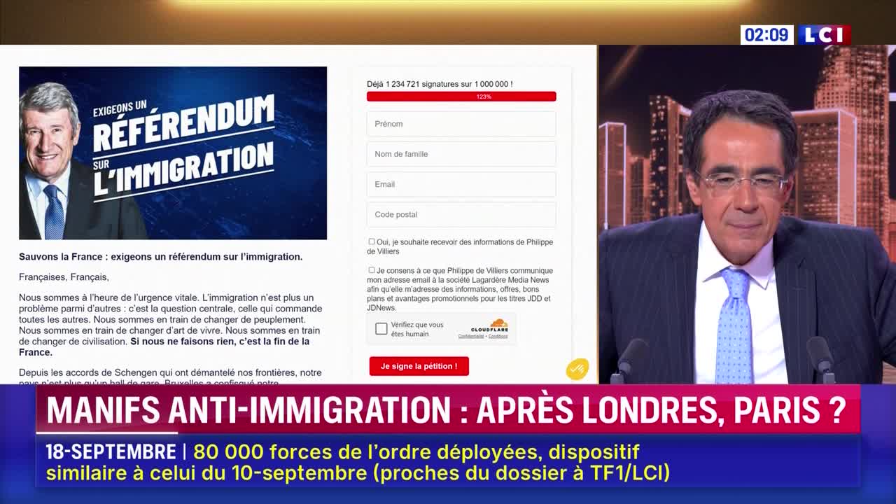 A news anchor on LCI is discussing anti-immigration protests in London and Paris. A petition form is displayed, with a call for a referendum on immigration in France.
