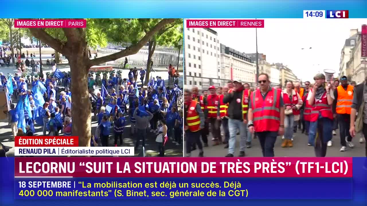 In Paris, a crowd of people with blue flags and banners are gathered under a large tree. In Rennes, another group, many wearing red vests, marches down a city street.
