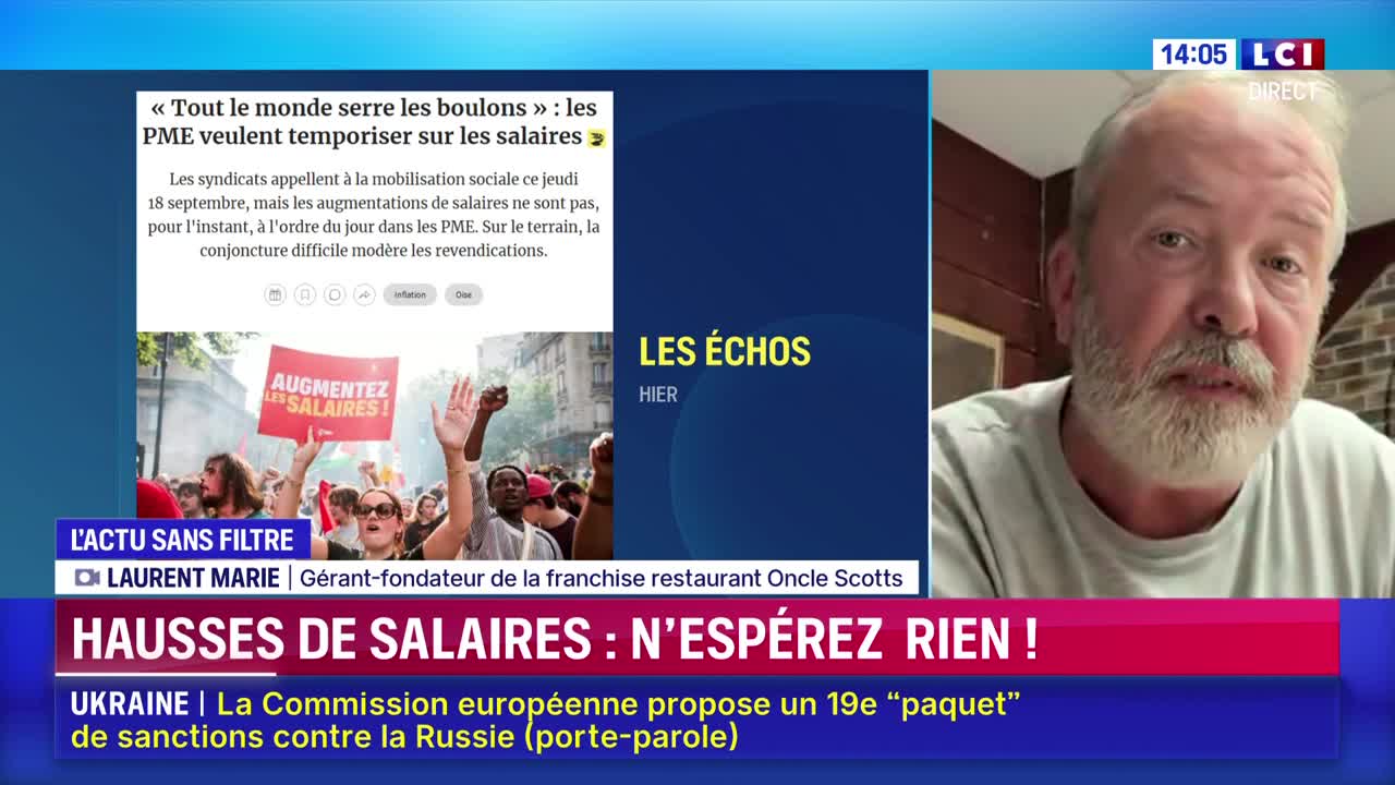 On LCI, a man with a gray beard is speaking, while a news segment about salary increases and protests in France is displayed behind him. The headline "HAUSSES DE SALAIRES: N'ESPÉREZ RIEN!" is prominently featured.
