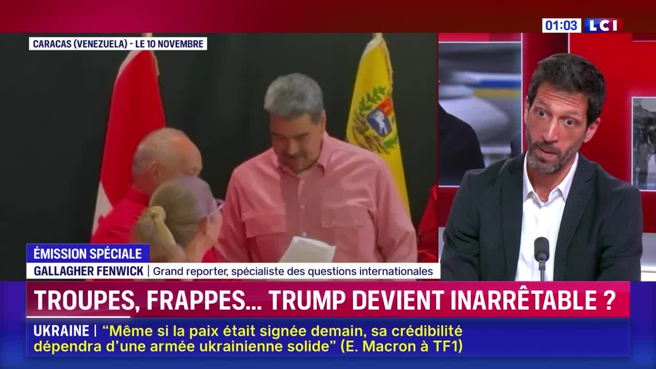 On the LCI set, a man in a blazer speaks into a microphone, while a segment from Caracas, Venezuela, plays on the screen behind him. The broadcast is covering a special report, with a headline about Trump.
