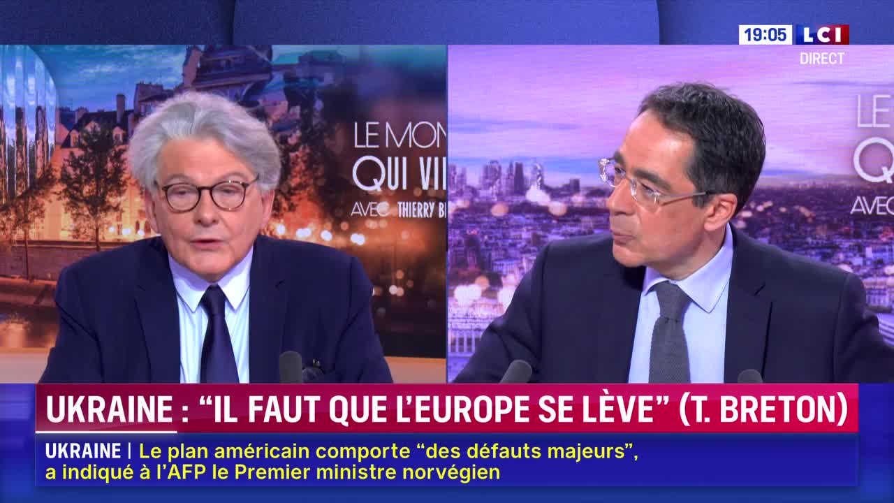 On LCI, two men in suits are seated at a table, engaged in a discussion. The broadcast is focused on Ukraine, with text at the bottom referencing a statement by Thierry Breton.
