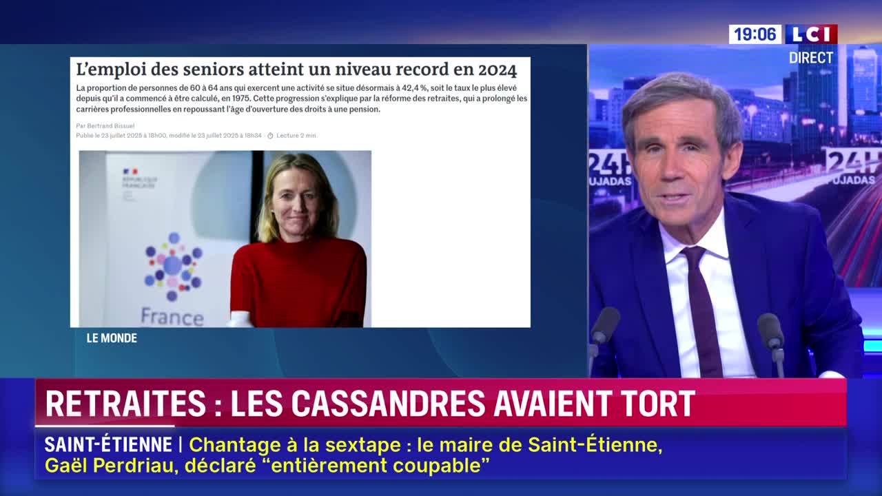 A man in a blue suit and tie speaks from a studio, as the LCI logo and a news headline about retirement are visible. A news report about employment for seniors is displayed on the left side of the screen.
