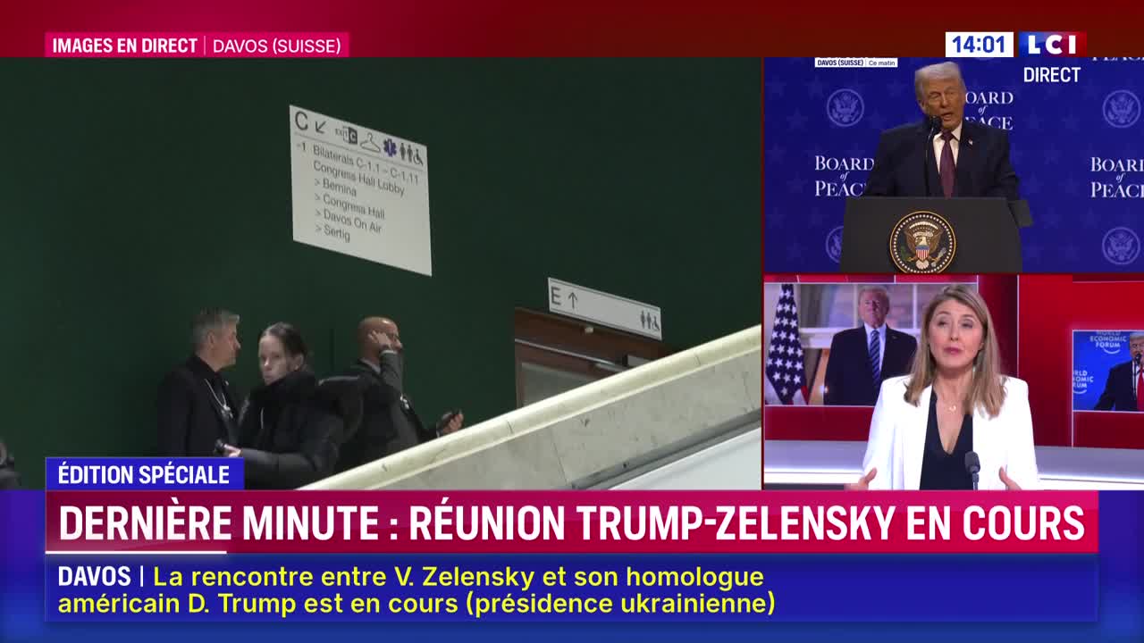 A man in a dark suit speaks with a woman in a black coat, while another man in a suit sits nearby. The LCI broadcast shows Donald Trump at a podium, with a reporter in a white jacket speaking to the camera.