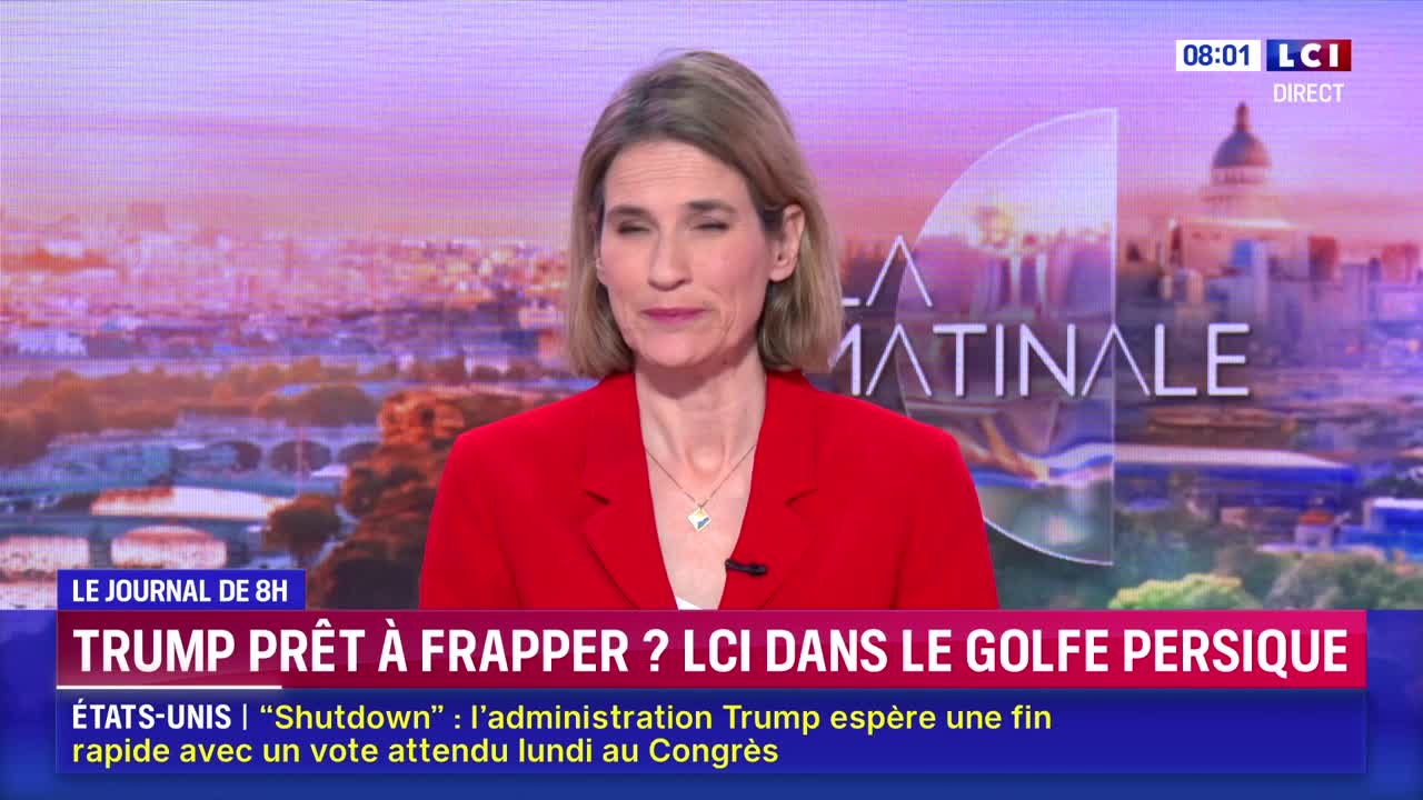 A woman in a red jacket is speaking on LCI. The screen behind her displays "La Matinale" and a cityscape.