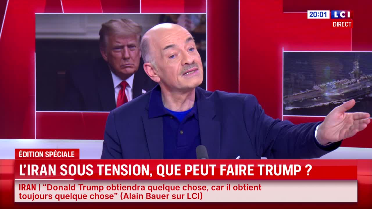 A man in a blue jacket gestures emphatically while speaking on LCI, a French news channel. Behind him, a screen displays a stern-faced Donald Trump.