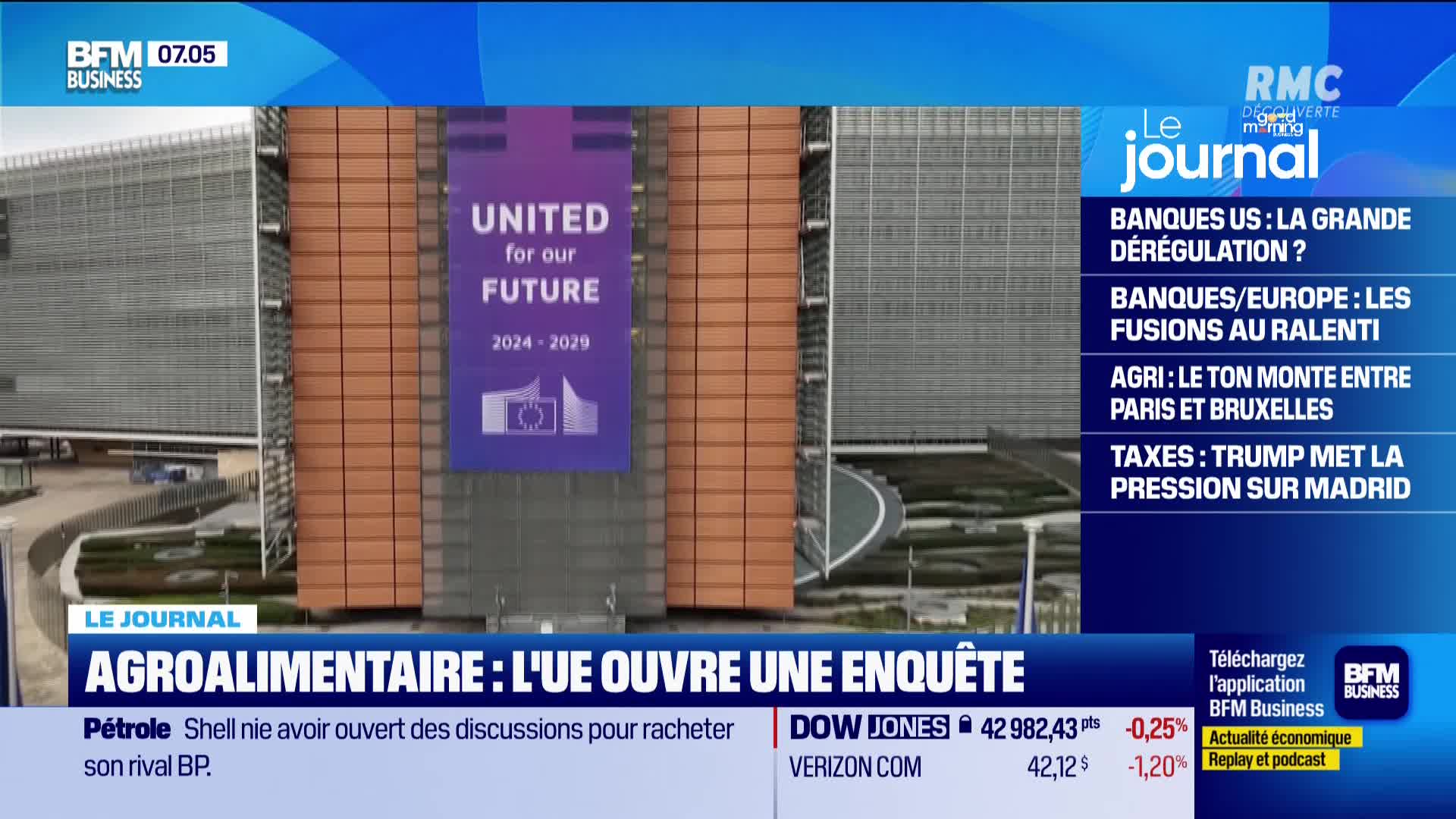 A news broadcast from France is underway, with the RMC Découverte logo visible. The screen shows a building with a banner promoting the "United for our Future" initiative.
