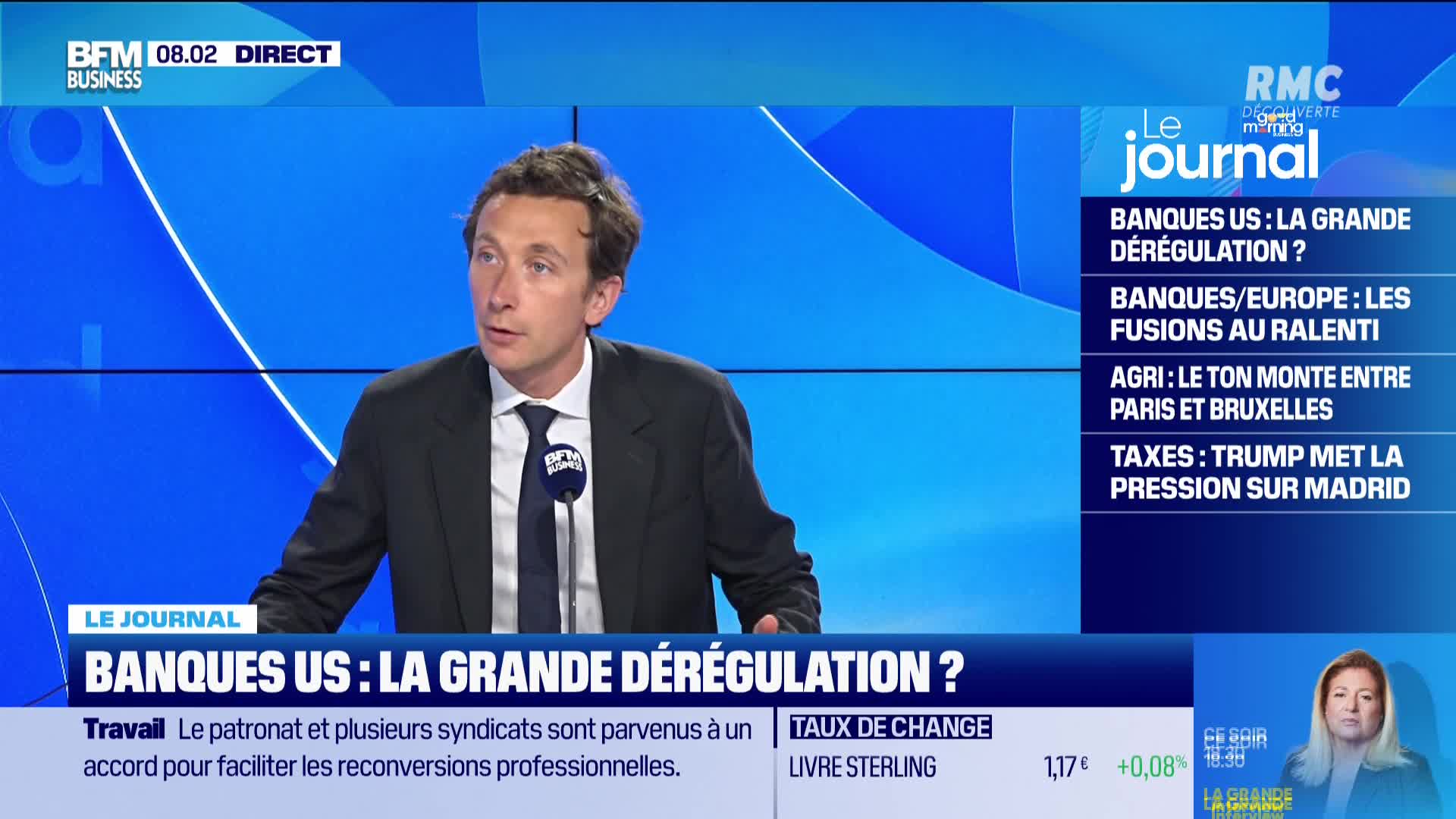 A man in a suit speaks into a microphone, the BFM Business logo visible on it. The screen behind him displays headlines in French, with the RMC Decouverte logo in the corner.
