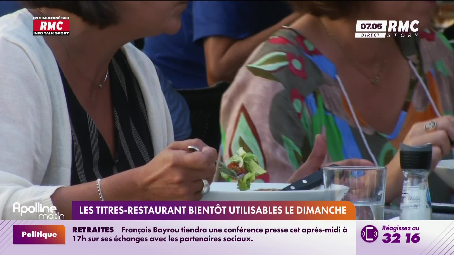 A woman in a white cardigan and a black-and-white striped top is using a fork to eat a salad. The RMC Story logo is visible in the top right corner, and the news ticker mentions a conference.

