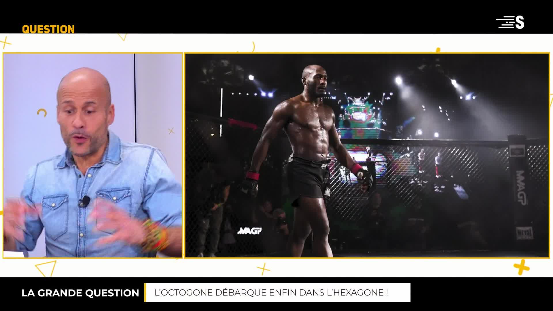 A muscular fighter stands in the octagon, his body glistening under the bright lights. Across the screen, a man in a denim shirt gestures animatedly, likely discussing the sport on France's *Sport en France.*
