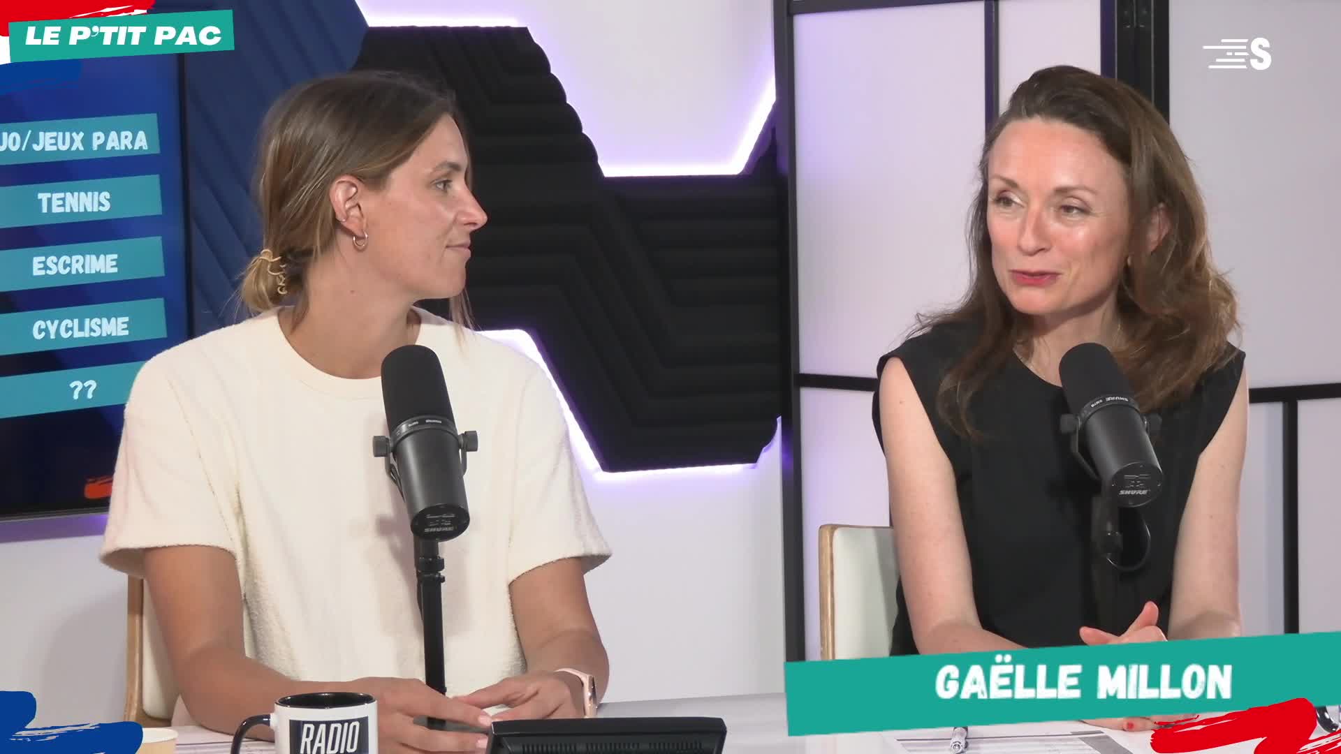 Two women are seated at a table, each with a microphone in front of them. The woman on the right, identified as Gaëlle Millon, is speaking, while her companion listens intently.
