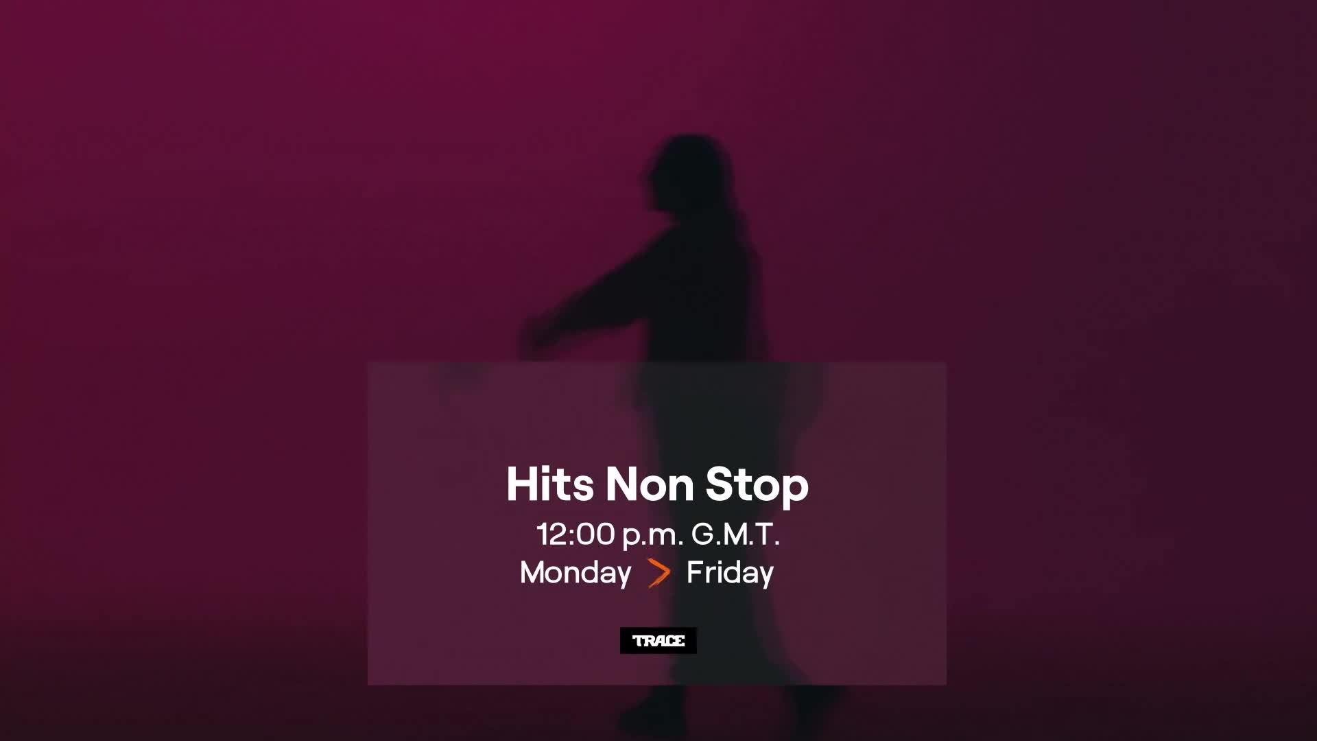 A silhouetted figure moves, arms outstretched, against a deep magenta backdrop. The "Hits Non Stop" graphic from Trace Urban France overlays the scene.

