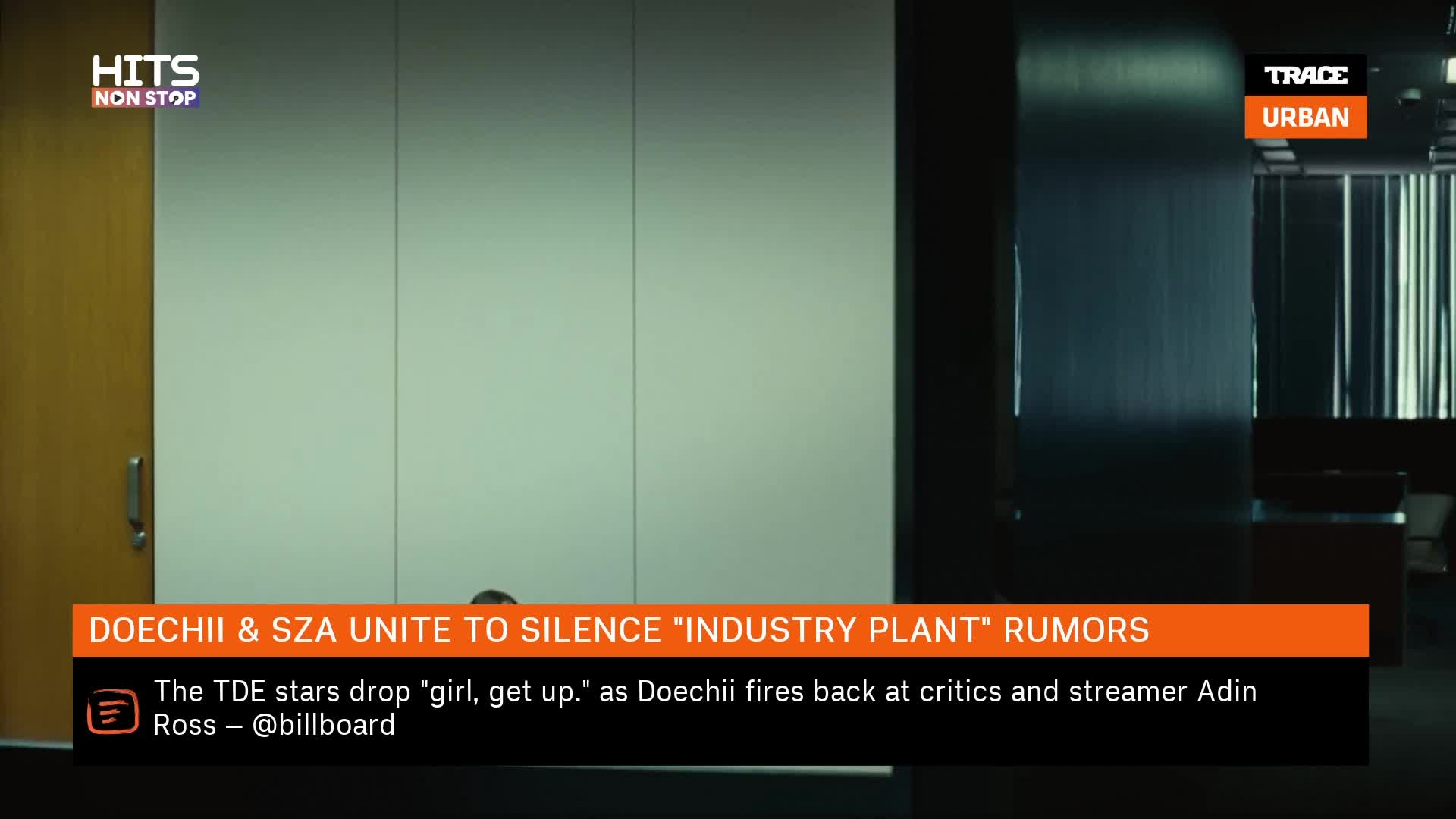 A graphic displays "HITS NON STOP" and "TRACE URBAN" logos. Below, text announces Doechii and SZA's response to "industry plant" rumors. A graphic displays "HITS NON STOP" and "TRACE URBAN" logos. Below, text announces Doechii and SZA's response to "industry plant" rumors.
