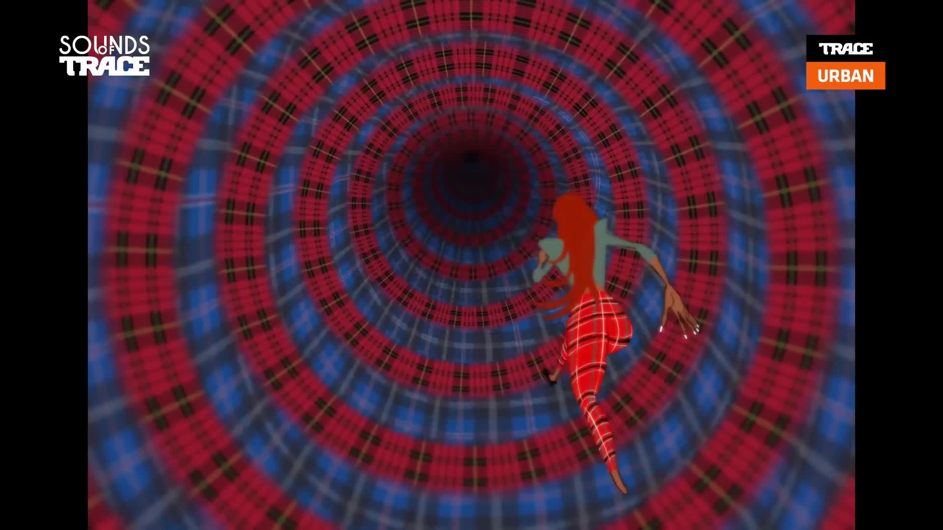 A figure with bright red hair and a tartan skirt runs into a swirling tunnel of red and blue plaid. The tunnel's pattern seems to pull inward, creating a sense of depth. A figure with bright red hair and a tartan skirt runs into a swirling tunnel of red and blue plaid. The tunnel's pattern seems to pull inward, creating a sense of depth.