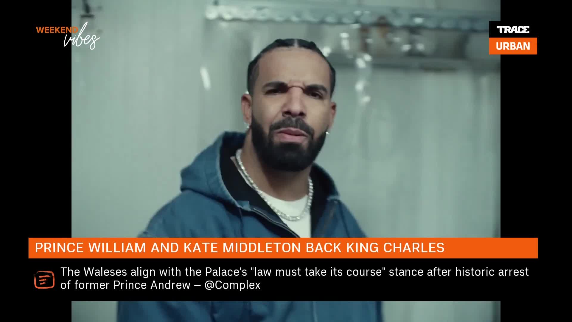 A man with braided hair and a beard stares directly ahead, his expression serious. A graphic overlay announces that Prince William and Kate Middleton back King Charles.