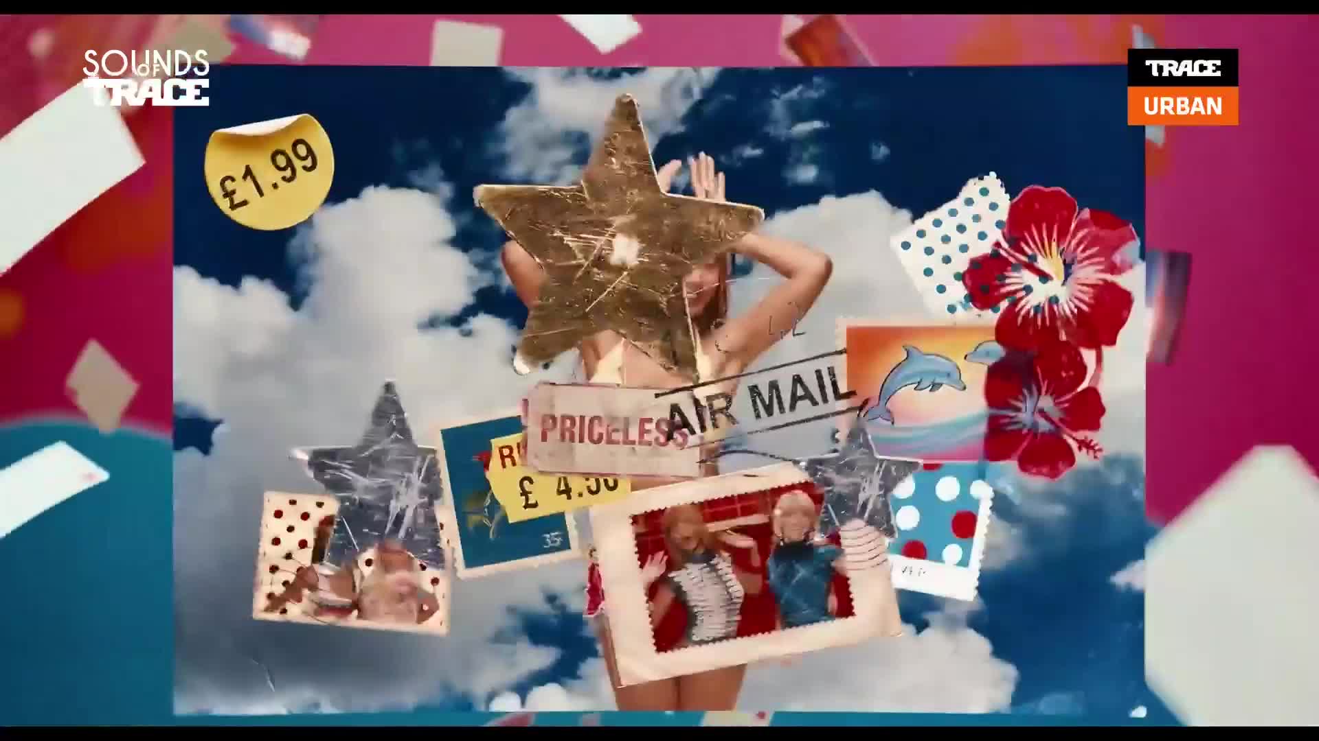 A woman with her hands raised behind her head is surrounded by floating, collage-like elements. A golden star hovers above her, while postage stamps and hibiscus flowers drift around her in the sky.