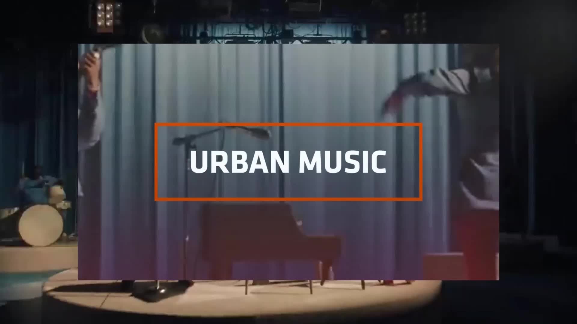 A performer in a grey hoodie moves their arms on stage, while a drummer plays a beat to the side. The words "URBAN MUSIC" are displayed prominently in white text.