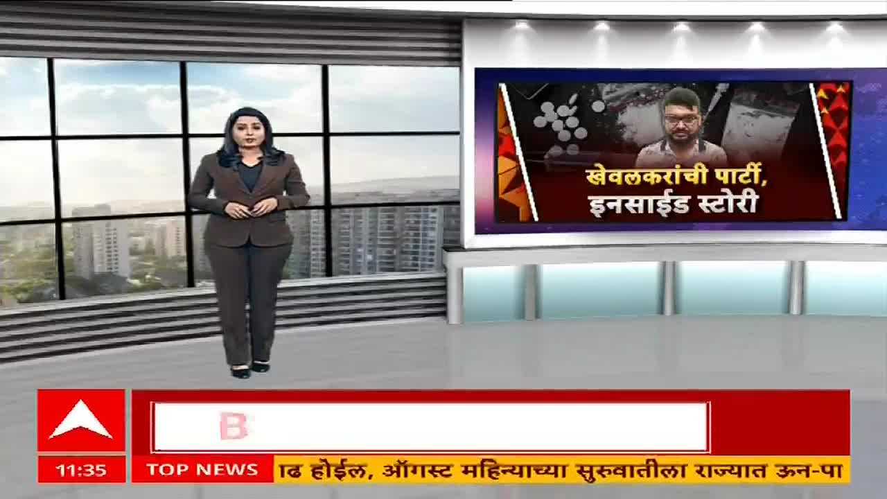 A woman in a brown suit stands centered in front of a large window, the ABP Majha logo visible below. Behind her, a screen displays a headline in Marathi, with a man's photo above it.
