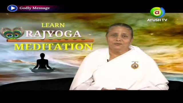 A woman in a white robe is speaking, with "Learn Rajyoga Meditation" displayed behind her. The Ayush TV logo is in the corner, broadcasting from India.
