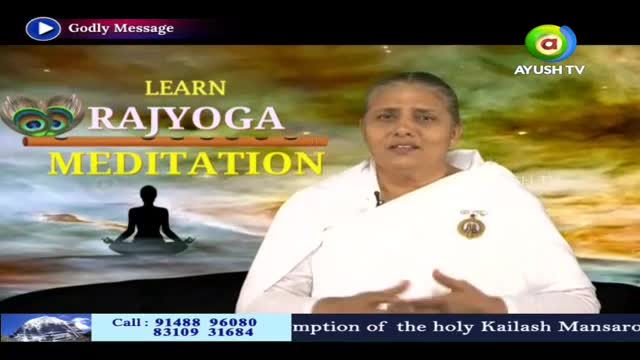 A woman in a white robe speaks directly to the camera, her hands gesturing. Behind her, a logo for Ayush TV sits above a backdrop promoting Rajyoga meditation.
