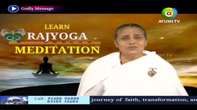 On Ayush TV, a woman in a white robe speaks directly to the camera, the words "Learn Rajyoga Meditation" displayed behind her. The background is a warm, golden hue, with a peacock feather design near the upper left.
