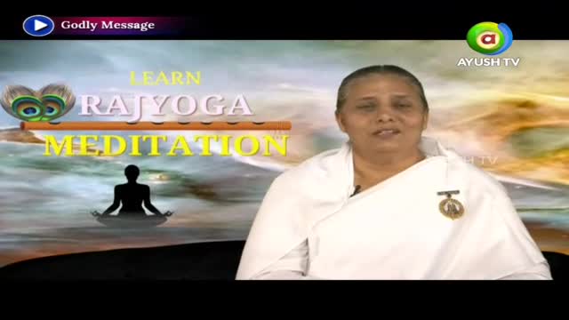 A woman in a white robe speaks directly to the camera, the Ayush TV logo visible in the corner. Behind her, a graphic promotes "Learn Rajyoga Meditation."
