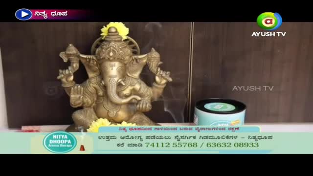 A brass statue of Ganesha sits adorned with flowers, and wisps of smoke rise from the area near it.  The scene is part of a segment on Ayush TV, advertising Nitya Dhoopa aroma therapy.
