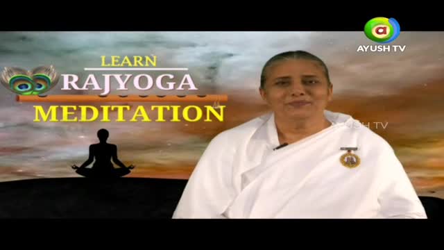 A woman in white robes, likely on Ayush TV, speaks directly to the camera. Behind her, the words "Learn Rajyoga Meditation" are displayed over a silhouette of a person meditating.
