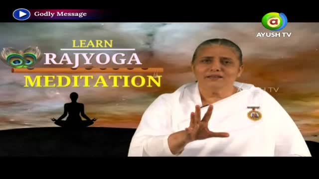 On Ayush TV, a woman in white gestures with her hands while speaking. Behind her, the words "Learn Rajyoga Meditation" are displayed over a silhouette of a person meditating.
