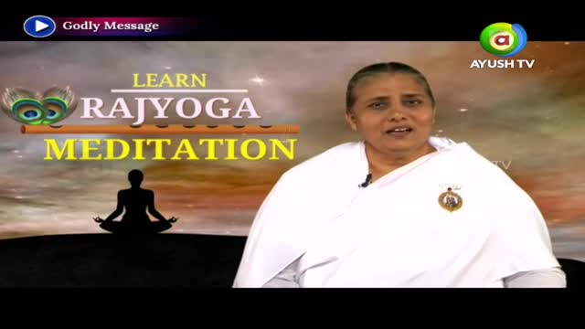 A woman in white robes speaks on a set for Ayush TV, with "Learn Rajyoga Meditation" displayed behind her. The background shows a silhouette of a person meditating.
