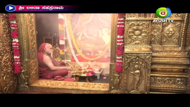 Inside a golden doorway, a robed figure sits cross-legged, facing a shrine. A small table with flowers and offerings rests before him, the scene likely broadcast on Ayush TV from India.
