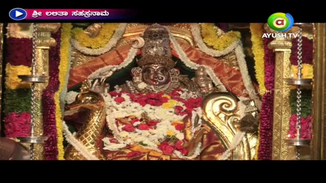 A decorated deity, framed by flowers and golden accents, is the focus of the broadcast on Ayush TV. The statue is adorned with garlands and sits within a temple setting.
