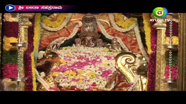 Before me, a deity is adorned with flowers, framed by gold and vibrant garlands. The scene is broadcast on Ayush TV, likely from a temple in India.
