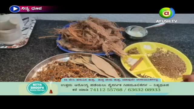 On a countertop, various ingredients for Nitya Dhoopa are arranged, including dried plant fibers, bay leaves, and spices. Ayush TV's logo is visible, suggesting this is a segment about traditional Indian remedies.
