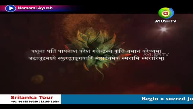 A lotus flower, rendered in soft focus, is centered in the frame against a dark background. The Ayush TV logo and Sanskrit text are displayed on the screen, likely part of a program from India.
