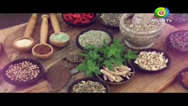Bowls and wooden spoons hold an array of herbs and spices, arranged on a wooden board. A mortar and pestle sit nearby, and the Ayush TV logo is visible in the corner.
Bowls and wooden spoons hold an array of herbs and spices, arranged on a wooden board. A mortar and pestle sit nearby, and the Ayush TV logo is visible in the corner.