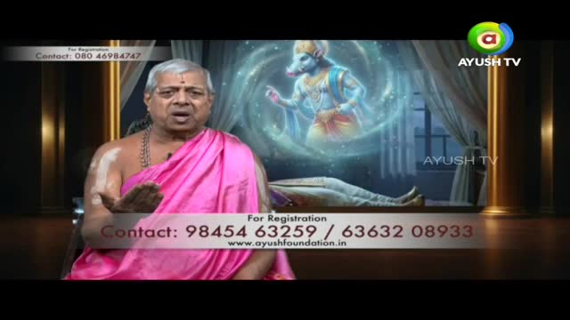 A man in a pink sari speaks, gesturing with his hand. Behind him, a blue, pig-faced deity appears in a swirling, ethereal light.