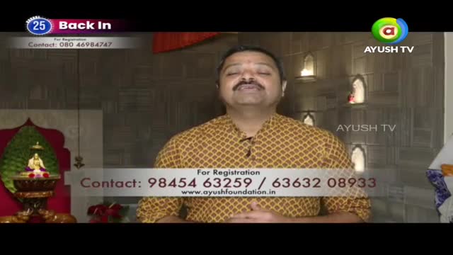 A man in a patterned kurta speaks directly to the camera. A graphic overlay displays contact information for Ayush TV. A man in a patterned kurta speaks directly to the camera. A graphic overlay displays contact information for Ayush TV.