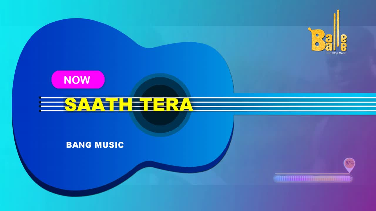 A blue guitar shape frames the words "SAATH TERA" in bright yellow, with a "NOW" button above. The Balle Balle logo sits in the corner, and a progress bar indicates the song's status.
