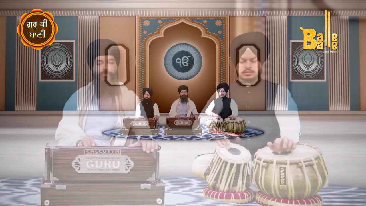 Three men sit, hands moving over instruments. A harmonium and tabla are played, the sound likely filling the room with music from India.
